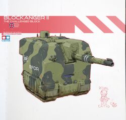 Rule 34 | ^ ^, absurdres, artist name, cat, closed eyes, commentary, engineering nonsense, english commentary, highres, logo parody, military vehicle, motor vehicle, no humans, original, patso catso, radio antenna, smile, tamiya incorporated, tank, union jack, vehicle focus, white background