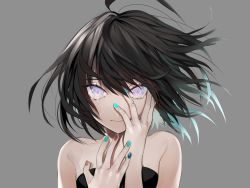 Rule 34 | 1girl, ahoge, aqua hair, aqua nails, bare shoulders, black hair, brown nails, character request, commentary request, copyright request, daimaou ruaeru, grey background, hair between eyes, hands on own face, hands up, highres, looking at viewer, multicolored hair, nail polish, purple eyes, short hair, simple background, solo, strapless, streaked hair, tears, upper body