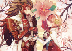 Rule 34 | 1boy, 1girl, armor, brother and sister, brown eyes, brown hair, cape, cherry blossoms, fire emblem, fire emblem fates, gauntlets, gloves, long hair, nintendo, official art, open mouth, pink eyes, pink hair, ryoma (fire emblem), sakura (fire emblem), siblings, tree