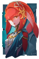 Rule 34 | 1girl, breasts, brown eyes, cape, hair ornament, highres, lips, mipha, monster girl, nintendo, simple background, small breasts, solo, the legend of zelda, the legend of zelda: breath of the wild, upper body