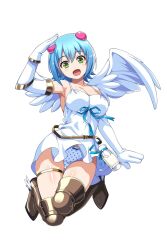 Rule 34 | 1girl, angel wings, arm up, armor, asymmetrical wings, blue hair, bow, bow panties, breasts, chemise, cleavage, collarbone, elbow gloves, floating, full body, gloves, greaves, green eyes, hair bobbles, hair ornament, large breasts, looking at viewer, nanael (queen&#039;s blade), nanael (queen&#039;s blade unlimited), official art, open mouth, panties, polka dot, polka dot panties, queen&#039;s blade, queen&#039;s blade unlimited, queen&#039;s blade white triangle, short hair, solo, thighs, underwear, white background, white gloves, white wings, winged footwear, wings