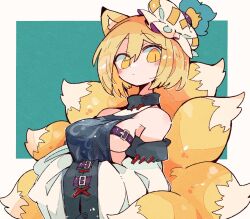 Rule 34 | 1girl, animal ears, blonde hair, breasts, closed mouth, fox ears, fox tail, hands in opposite sleeves, hat, highres, kitsune, large breasts, looking at viewer, massakasama, mob cap, multiple tails, short hair, sideboob, slit pupils, solo, tail, touhou, upper body, white hat, yakumo ran, yellow eyes