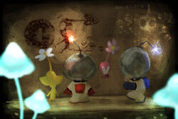 Rule 34 | 2boys, backpack, bag, blue bag, blue gloves, blue light, cave paintings, colored skin, commentary request, faceless, faceless male, flower, flying, from behind, from side, gloves, helmet, highres, insect wings, louie (pikmin), male focus, multiple boys, mushroom, nintendo, olimar, pikmin (creature), pikmin (series), pink skin, pointy ears, purple flower, radio antenna, red bag, red gloves, red light, shadow, space helmet, spacesuit, twitter username, underground, usuba (hatomugip), whistle, white flower, winged pikmin, wings, yellow pikmin, yellow skin