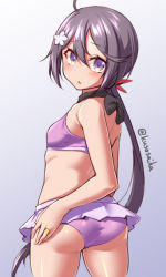 1girl akebono_(kancolle) akebono_kai_ni_(kancolle) akebono_kai_ni_(swimsuit_mode)_(kancolle) ass bikini bikini_skirt blush breasts commentary_request cowboy_shot flower from_behind grey_background hair_flower hair_ornament hand_on_own_ass highres jewelry kantai_collection long_hair looking_at_viewer looking_back open_mouth pink_bikini purple_eyes purple_hair ring side_ponytail simple_background small_breasts solo swimsuit twitter_username very_long_hair wedding_band yuki_to_hana