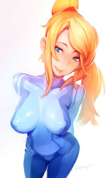 Rule 34 | 1girl, arms behind back, bad id, bad tumblr id, blonde hair, blue eyes, bodysuit, breasts, covered erect nipples, covered navel, cowboy shot, doxy, female focus, high ponytail, highres, impossible bodysuit, impossible clothes, large breasts, long hair, looking at viewer, metroid, nintendo, ponytail, samus aran, sidelocks, simple background, skin tight, smile, solo, white background, zero suit