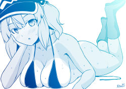 Rule 34 | 1girl, alternate costume, ass, bikini, blue theme, blush, boots, breasts, cleavage, commentary request, flat cap, full body, hair bobbles, hair ornament, hat, head rest, highres, kagiyama shachou, kawashiro nitori, large breasts, looking at viewer, lying, medium hair, monochrome, on stomach, open mouth, sidelocks, simple background, solo, sweat, swimsuit, the pose, touhou, two side up, untied bikini