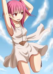 Rule 34 | 1girl, :d, armpits, dress, hands up, highres, jewelry, kurohachiboku, looking at viewer, magi the labyrinth of magic, morgiana, open mouth, pendant, pink hair, red eyes, side ponytail, smile, solo