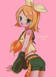 1girl absurdres black_shorts black_sleeves blonde_hair blue_eyes blush character_name detached_sleeves hair_ornament hair_ribbon hairclip highres kagamine_rin looking_at_viewer menma_(enaic31) pink_background ribbon short_hair short_sleeves shorts simple_background sleeveless smile solo vocaloid white_ribbon yellow_nails