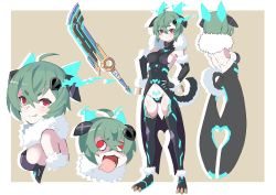 Rule 34 | 1girl, :q, ahoge, bad id, bad twitter id, blush, border, breasts, closed mouth, concept art, crossed bangs, detached sleeves, fur-trimmed sleeves, fur trim, green hair, hair between eyes, hands on own hips, highres, looking at viewer, medium breasts, multiple views, original, outline, red eyes, short hair, smile, sumii, sword, tail, thick eyebrows, tongue, tongue out, weapon, white border, white outline