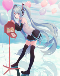 Rule 34 | 1girl, absurdly long hair, bent over, black footwear, black skirt, black sleeves, blue eyes, blue hair, blush, boots, closed mouth, collared shirt, commentary, detached sleeves, dress shirt, floating hair, full body, hatsune miku, headphones, highres, long hair, long sleeves, looking at viewer, miniskirt, pleated skirt, shirt, skirt, sleeveless, sleeveless shirt, solo, thigh boots, thighhighs, twintails, very long hair, vocaloid, white shirt, wing collar, yuzuaji, zettai ryouiki