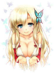 Rule 34 | 10s, 1girl, bare shoulders, blonde hair, blue eyes, boku wa tomodachi ga sukunai, breasts, butterfly, butterfly hair ornament, christmas, cleavage, detached sleeves, dress, hair ornament, kashiwazaki sena, large breasts, long hair, nfr, smile, solo