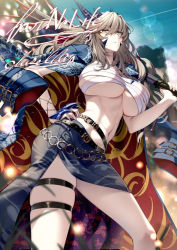 Rule 34 | 1girl, artoria pendragon (fate), artoria pendragon (lancer alter) (fate), blonde hair, breasts, club, club (weapon), cluseller, fate/grand order, fate (series), horns, jacket, jacket on shoulders, large breasts, sarashi, spiked club, thigh strap, weapon, yellow eyes