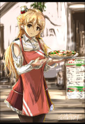 Rule 34 | 1girl, apron, artist name, black pantyhose, blonde hair, blurry, blurry background, braid, brown eyes, closed mouth, collared shirt, commentary request, cowboy shot, dress shirt, food, french braid, frilled skirt, frills, hair between eyes, head tilt, highres, holding, holding food, holding plate, kantai collection, letterboxed, long hair, long sleeves, looking at another, pantyhose, pizza, plate, pleated skirt, red apron, red skirt, seitei (04seitei), shirt, skirt, smile, solo, twitter username, white shirt, zara (kancolle)
