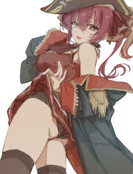 Rule 34 | 1girl, ass, black thighhighs, clothes lift, coat, cowboy shot, epaulettes, from side, hat, hololive, houshou marine, lifted by self, looking at viewer, looking back, minoshima ayaka, open clothes, open coat, open mouth, pirate hat, red eyes, red hair, simple background, skirt, skirt lift, smile, solo, thighhighs, virtual youtuber, white background