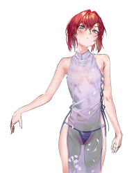 Rule 34 | 1girl, absurdres, ange katrina, bare shoulders, bikini, bikini bottom only, breasts, china dress, chinese clothes, dress, hair intakes, hair ornament, hairclip, highres, kuroi suna, looking at viewer, nijisanji, red hair, see-through, short hair, sketch, small breasts, solo, standing, swimsuit, virtual youtuber, white background