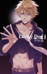 Rule 34 | 1boy, backlighting, belt, black shirt, blonde hair, clothes lift, collared shirt, commentary request, giancarlo bourbon del monte, gradient background, grey necktie, lifting own clothes, looking at viewer, loose necktie, lucky dog 1, male focus, mashima shima, midriff, navel, necktie, parted lips, shirt, shirt lift, short hair, smile, solo, toned, upper body, yellow eyes