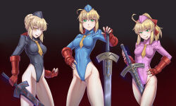 Rule 34 | 3girls, ahoge, artoria pendragon (all), artoria pendragon (fate), blonde hair, breasts, cammy white, cammy white (cosplay), corruption, cosplay, covered erect nipples, dark persona, fate/grand order, fate/stay night, fate/unlimited codes, fate (series), fingerless gloves, garrison cap, gloves, green eyes, hat, highleg, highleg leotard, highres, holding, holding sword, holding weapon, leebigtree, leotard, long hair, looking at viewer, medium breasts, multiple girls, necktie, ponytail, red gloves, ribbed leotard, saber (fate), saber alter, saber lily, shadaloo dolls, street fighter, street fighter zero (series), sword, weapon