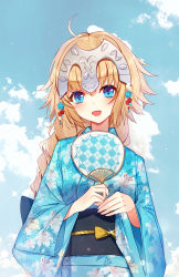 Rule 34 | 1girl, :d, baocaizi, blonde hair, blue eyes, blue kimono, blue sky, blush, braid, cloud, cloudy sky, day, fate/apocrypha, fate/grand order, fate (series), fingernails, floral print, glint, hair between eyes, hand fan, head tilt, headpiece, highres, holding, holding fan, japanese clothes, jeanne d&#039;arc (anniversary heroines) (fate), jeanne d&#039;arc (fate), jeanne d&#039;arc (ruler) (fate), kimono, long hair, long sleeves, looking at viewer, obi, open mouth, outdoors, paper fan, plaid, print kimono, sash, single braid, sky, smile, solo, very long hair, wide sleeves