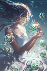 Rule 34 | 1girl, air bubble, aqua eyes, black hair, breasts, bubble, commentary, commission, dress, english commentary, highres, long hair, looking at viewer, making-of available, original, plant, sleeveless, small breasts, solo, underwater, watermark, web address, white dress, yuumei
