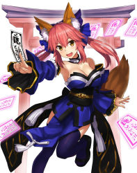 Rule 34 | 10s, 1girl, animal ears, between fingers, blue thighhighs, breasts, brown eyes, cleavage, clog sandals, detached collar, detached sleeves, fang, fate/extra, fate (series), fox ears, fox girl, fox tail, hair between eyes, holding, japanese clothes, large breasts, long hair, looking at viewer, npcpepper, open mouth, pelvic curtain, pink hair, sandals, simple background, smile, solo, tail, talisman, tamamo no mae (fate/extra), thighhighs, torii, white background