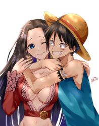 Rule 34 | 1boy, 1girl, artist name, bad id, bad pixiv id, bare shoulders, black eyes, black hair, blue eyes, blue shirt, boa hancock, cheek-to-cheek, chio095, closed mouth, earrings, facial scar, hat, heads together, hug, jewelry, long hair, looking at another, monkey d. luffy, navel, one eye closed, one piece, scar, scar on cheek, scar on face, shirt, short hair, simple background, sleeveless, sleeveless shirt, smile, snake earrings, straw hat, teeth, white background
