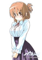 Rule 34 | 1girl, blush, bra, breasts, brown hair, cleavage, cleavage cutout, clothing cutout, folded ponytail, hayate no gotoku!, large breasts, long hair, long skirt, long sleeves, maria (hayate no gotoku!), necktie, open clothes, open shirt, red eyes, shirt, simple background, skirt, solo, underwear, white background