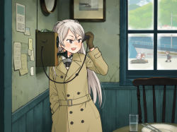 Rule 34 | 4girls, annin musou, blush, brown eyes, brown gloves, chair, coat, conte di cavour (kancolle), corded phone, cup, drawing (object), drinking glass, fairy (kancolle), gloves, holding, holding phone, kantai collection, long hair, long sleeves, multiple girls, open mouth, phone, plate, silver hair, smile, teeth, upper teeth only, water, window, yellow coat