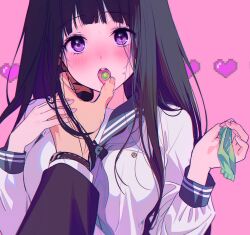 Rule 34 | 1girl, artist logo, black hair, blush, breasts, candy, candy wrapper, chitanda eru, finger to another&#039;s mouth, food, hands up, heart, highres, holding, hyouka, kamiyama high school uniform (hyouka), long hair, long sleeves, looking at viewer, medium breasts, mery (yangmalgage), open mouth, purple eyes, sailor collar, saliva, school uniform, shirt, solo focus, tongue, tongue out, watch, wristwatch