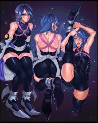 Rule 34 | 1girl, absurdres, aqua (kingdom hearts), ass, bare shoulders, blue eyes, blue hair, blush, boots, breasts, cashumeru, detached sleeves, fingerless gloves, from behind, gloves, highres, kingdom hearts, looking at viewer, multiple views, shiny clothes, shiny skin, short hair, smile, thighhighs, unitard
