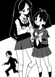 Rule 34 | 1boy, 2girls, antenna hair, character request, dowman sayman, hair over one eye, hairband, happy, height difference, highres, kneehighs, long hair, monochrome, multiple girls, sailor uniform, school uniform, short hair, smile, socks, source request