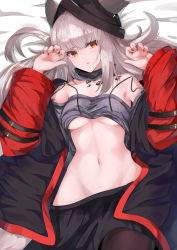 Rule 34 | 1girl, akasabi, animal ears, arknights, bare shoulders, bed sheet, black headwear, black skirt, breasts, commentary request, cowboy shot, ears through headwear, fox ears, frostleaf (arknights), grey shirt, hands up, highres, jacket, long hair, long sleeves, looking at viewer, lying, material growth, medium breasts, midriff, miniskirt, nail polish, navel, off-shoulder shirt, off shoulder, on back, oripathy lesion (arknights), parted lips, red jacket, red nails, shirt, silver hair, skirt, solo, stomach, underboob, wide hips, yellow eyes