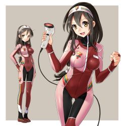 Rule 34 | 1girl, 7-eleven, adapted costume, barcode scanner, black hair, bodysuit, commentary request, cowboy shot, employee uniform, full body, gluteal fold, hairband, katahira masashi, logo, long hair, looking at viewer, low-tied long hair, multicolored bodysuit, multicolored clothes, multiple views, original, smile, standing, uniform, white hairband