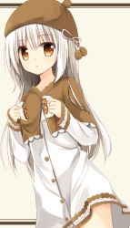 Rule 34 | 1girl, :t, brown eyes, buttons, casual, cowboy shot, dutch angle, food, food request, hat, holding, holding food, long hair, long sleeves, looking at viewer, original, pom pom (clothes), pout, silver hair, solo, yuuhagi (amaretto-no-natsu)