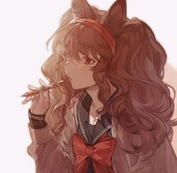 Rule 34 | 1girl, acachen, angelina (arknights), animal ears, arknights, black shirt, bow, bowtie, brown hair, brown sweater, fox ears, fox girl, fox tail, hair between eyes, hairband, hand up, highres, holding, holding pen, layered sleeves, long hair, long sleeves, pen, red bow, red bowtie, red eyes, red hairband, shirt, simple background, solo, sweater, tail, twintails, upper body, white background