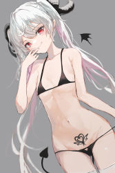 Rule 34 | 1girl, bare shoulders, barefoot, bikini, black bikini, black wings, closed mouth, commentary request, cowboy shot, demon girl, demon horns, demon tail, demon wings, detached wings, dutch angle, grey background, groin, highres, horns, ichika (ichika87), long hair, looking at viewer, mini wings, navel, original, pointy ears, pubic tattoo, red eyes, simple background, smile, solo, swimsuit, tail, tattoo, thighhighs, twintails, very long hair, white hair, white thighhighs, wings
