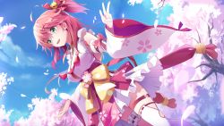 Rule 34 | 1girl, absurdres, ahoge, bell, blue sky, breasts, bridal garter, cherry blossom print, cherry blossoms, detached sleeves, floral print, green eyes, hair bell, hair ornament, hairclip, highres, hololive, large breasts, long hair, one side up, open mouth, outdoors, petals, pink hair, sakura miko, sakura miko (1st costume), shirowa, sky, smile, solo, teeth, tree, upper teeth only, virtual youtuber, wide sleeves, x hair ornament
