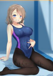 Rule 34 | 1girl, blue eyes, breasts, brown hair, covered navel, looking at viewer, love live!, love live! sunshine!!, navel, pantyhose, short hair, solo, swimsuit, thighs, watanabe you, wet