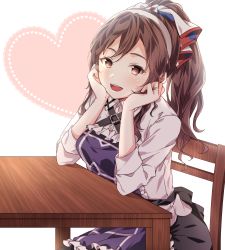 Rule 34 | 1girl, absurdres, apron, ascot, ashigara (kancolle), black skirt, breasts, brown eyes, brown hair, chair, collared shirt, gradient background, grey background, hair between eyes, hairband, head rest, heart, highres, huge filesize, indoors, jewelry, kantai collection, kukimaru, long hair, looking at viewer, medium breasts, open mouth, ponytail, ring, shirt, sitting, skirt, table, teeth, tongue, transparent background, wavy hair, wedding ring, white shirt