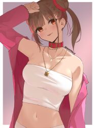 Rule 34 | 1girl, :p, arm up, armpits, bare shoulders, belt collar, blush, breasts, brown hair, cleavage, collar, collarbone, crop top, dot nose, double bun, gradient background, hair bun, hair ribbon, idolmaster, idolmaster shiny colors, jacket, jacket partially removed, jewelry, lock, long hair, long sleeves, looking at viewer, medium breasts, midriff, navel, necklace, pink background, pink jacket, red collar, red eyes, red ribbon, ribbon, simple background, skeptycally, smile, solo, sonoda chiyoko, strapless, tongue, tongue out, tube top, twintails, twitter username, upper body, white tube top