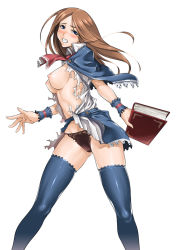 Rule 34 | 1girl, ascot, black panties, blue eyes, blue thighhighs, blush, book, breasts, brown hair, capelet, castlevania (series), castlevania: portrait of ruin, charlotte aulin, clenched teeth, embarrassed, juvecross, lace, lace-trimmed panties, lace panties, lace trim, large breasts, long hair, looking at viewer, nipples, no bra, open clothes, open shirt, open skirt, panties, shiny clothes, shirt, simple background, skindentation, skirt, solo, standing, tearing clothes, teeth, thighhighs, torn clothes, underwear, white background