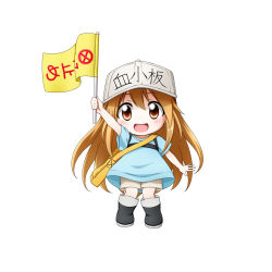 Rule 34 | 10s, 1girl, :d, arm up, bag, black footwear, blue shirt, blush, boots, brown eyes, brown shorts, character name, chibi, clothes writing, flag, flat cap, grey hat, hair between eyes, hat, hataraku saibou, highres, holding, holding flag, knee boots, kuena, light brown hair, long hair, open mouth, platelet (hataraku saibou), round teeth, shirt, short shorts, short sleeves, shorts, shoulder bag, simple background, smile, solo, standing, teeth, upper teeth only, very long hair, white background