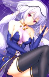 Rule 34 | 1girl, bare shoulders, black thighhighs, blue background, blue gloves, breasts, free note017, gloves, gradient background, grey hair, long hair, looking at viewer, medium breasts, pink eyes, sennen sensou aigis, sitting, smile, solais (sennen sensou aigis), solo, star (symbol), thighhighs, veil, white hair
