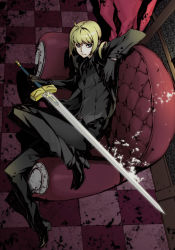 Rule 34 | 1girl, ahoge, armchair, artoria pendragon (all), artoria pendragon (fate), black gloves, blonde hair, chair, checkered floor, crossdressing, excalibur (fate/stay night), fate/zero, fate (series), floor, formal, full body, gloves, green eyes, long hair, lying, miwa shirow, on side, pant suit, pants, ponytail, saber (fate), solo, suit, sword, waistcoat, weapon