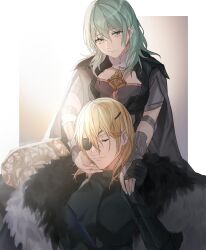 Rule 34 | 1boy, 1girl, absurdres, blonde hair, breasts, byleth (female) (fire emblem), byleth (fire emblem), cape, cloak, closed eyes, dimitri alexandre blaiddyd, eyepatch, fire emblem, fire emblem: three houses, fur-trimmed cloak, fur trim, green eyes, green hair, grey cape, hair between eyes, hand on another&#039;s chin, highres, holding hands, medium breasts, medium hair, nintendo, oretsuu, smile, upper body