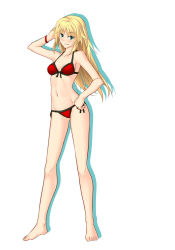 Rule 34 | 1girl, alternate hairstyle, barefoot, bikini, blonde hair, blush, bracelet, breasts, cleavage, collarbone, fate/apocrypha, fate (series), feet, front-tie bikini top, front-tie top, full body, green eyes, grin, hair between eyes, hand in own hair, hand on own hip, jewelry, long hair, looking at viewer, mordred (fate), mordred (fate/apocrypha), navel, red bikini, servant (fate), shadow, side-tie bikini bottom, sideboob, simple background, small breasts, smile, solo, standing, straight hair, swimsuit, tachi-e, toes, very long hair, white background, yustinos