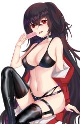 Rule 34 | 1girl, absurdres, azur lane, black thighhighs, bra, breasts, commentary request, crossed bangs, eyebrows hidden by hair, hair between eyes, highres, hua miao (srrs7842), long hair, medium breasts, navel, official alternate costume, race queen, red eyes, simple background, skindentation, solo, tagme, taihou (azur lane), taihou (enraptured companion) (azur lane), thighhighs, tongue, tongue out, underwear, very long hair, white background