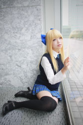 Rule 34 | 1girl, against glass, asian, black footwear, black thighhighs, blonde hair, blue eyes, blue ribbon, blurry, bow, breasts, character request, color contacts, cosplay, depth of field, dress shirt, hair bow, high heels, highres, indoors, looking away, mary janes, miniskirt, namada, on floor, parted lips, photo (medium), pleated skirt, ribbon, rug, school uniform, shirt, shoes, sitting, skirt, small breasts, solo, sweater vest, thighhighs, white shirt, window, yokozuwari, zettai ryouiki