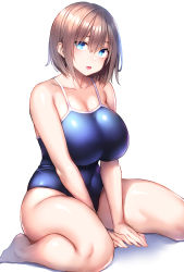Rule 34 | 1girl, barefoot, blue eyes, blue one-piece swimsuit, breasts, brown hair, collarbone, commentary request, eyes visible through hair, highres, huge breasts, looking at viewer, one-piece swimsuit, original, short hair, simple background, sitting, solo, swimsuit, thick thighs, thighs, tsukumiya amane, wariza, white background