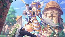 Rule 34 | 1girl, armor, boots, cygames, extra, from side, headband, knee boots, mifuyu (princess connect!), official art, people, polearm, ponytail, princess connect!, purple eyes, purple hair, weapon
