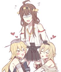 Rule 34 | &gt; &lt;, 10s, 3girls, bare shoulders, blonde hair, blush, brown hair, detached sleeves, closed eyes, flying sweatdrops, girl sandwich, heart, hug, hugging own legs, iowa (kancolle), kantai collection, kongou (kancolle), kvlen, hugging another&#039;s leg, multiple girls, no nose, sandwiched, triangle mouth, warspite (kancolle), yuri